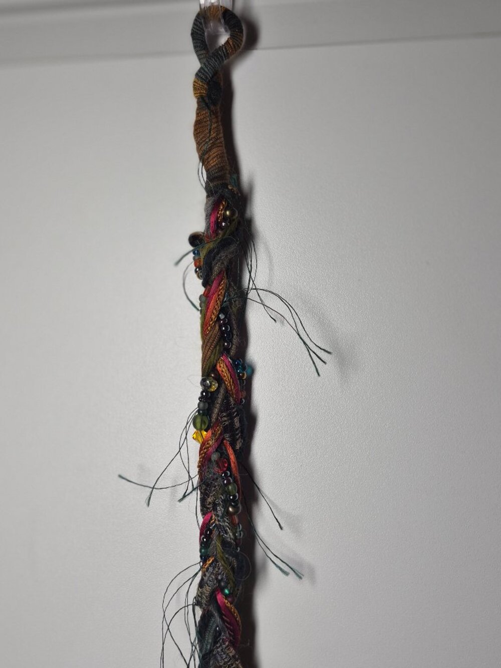 Handmade Boho Hair Wrap featuring Vibrant Yarn, Textured Fibers, Beads, Ribbons - Picture 8 of 9